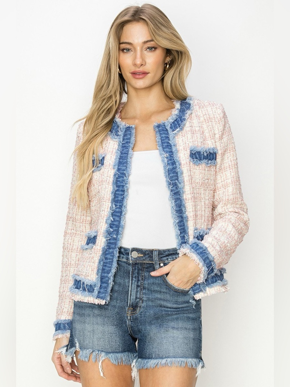 Risen Pink Tweed Fringe-Trim Blazer with Blue Accents - Picture 5 of 6